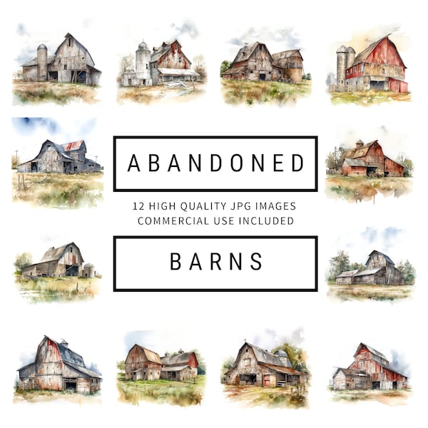 Abandoned Barns Clipart - 12 High Quality JPGs, Digital Planners, Junk Journals, Scrapbooking, AI, Commercial Use, Digital Download