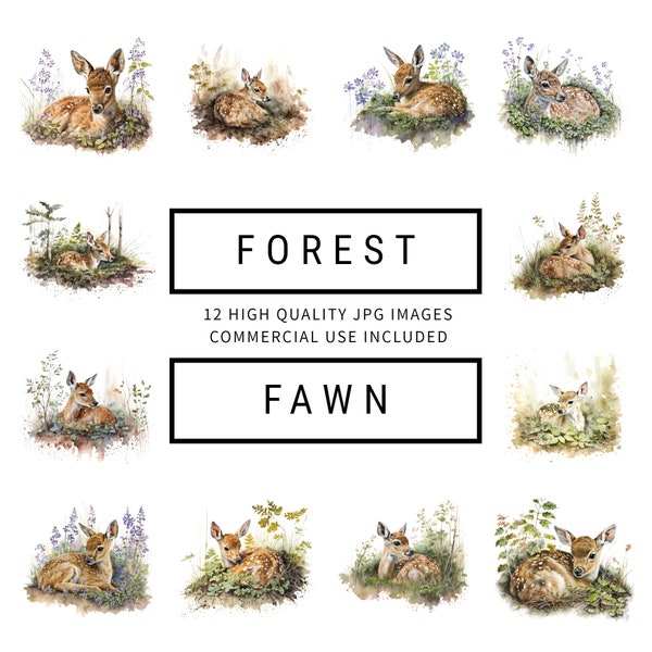 Forest Fawn Clipart - 12 High Quality JPGs - Digital Planner, Journaling, Watercolor, Wall Art, Commercial Use - Digital Download