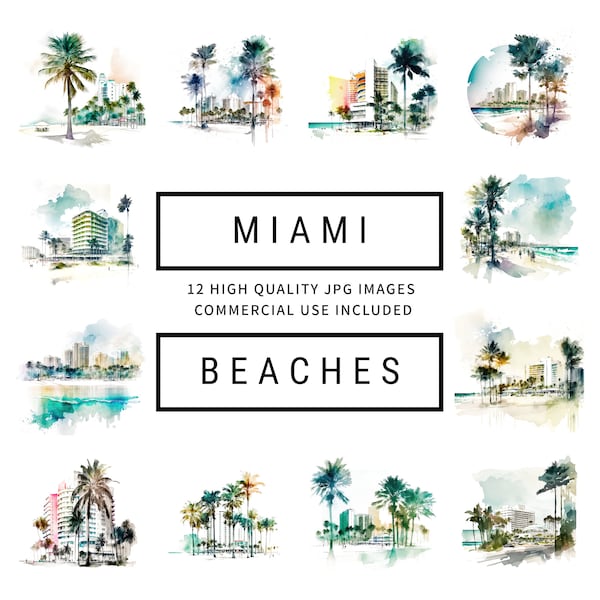 Miami Beach Clipart - 12 High Quality JPGs - Digital Planner, Junk Journaling, Watercolor, Wall Art, Commercial Use - Digital Download