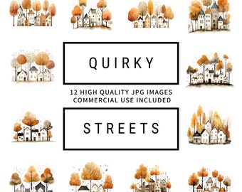 Quirky Autumn Houses Clipart - 12 High Quality JPGs, Memory Book, Junk Journal, Scrapbook, Planners, Commercial Use, Digital Download