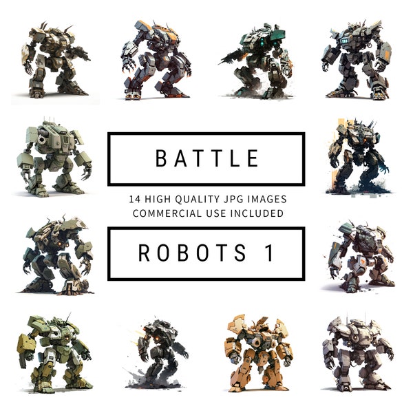 Battle Robot Clipart (Set 1) - 12 High Quality JPGs - Invitations, Journals, Watercolor, Wall Art, Commercial Use, Instant Digital Download