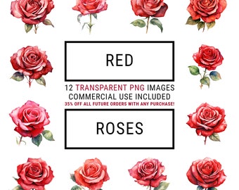 Red Rose Clipart - 12 Transparent PNGs, Digital Planners, Junk Journals, Memory Books, Scrapbooks, Greetings Card, Craft, Digital Download