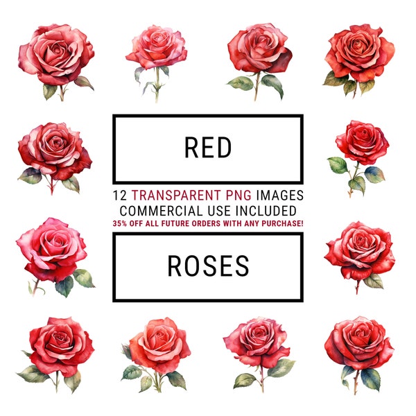 Red Rose Clipart - 12 Transparent PNGs, Digital Planners, Junk Journals, Memory Books, Scrapbooks, Greetings Card, Craft, Digital Download