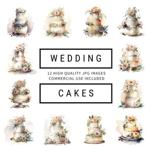 Wedding Cake Clipart - 12 High Quality JPGs - Digital Planner, Junk Journaling, Watercolor, Wall Art, Commercial Use - Digital Download