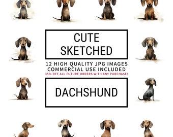 Cute Sketched Dachshund Clipart  - 12 High Quality JPGs, Scrapbooks, Digital Planners, Memory Books, Crafting, Commercial, Instant Download