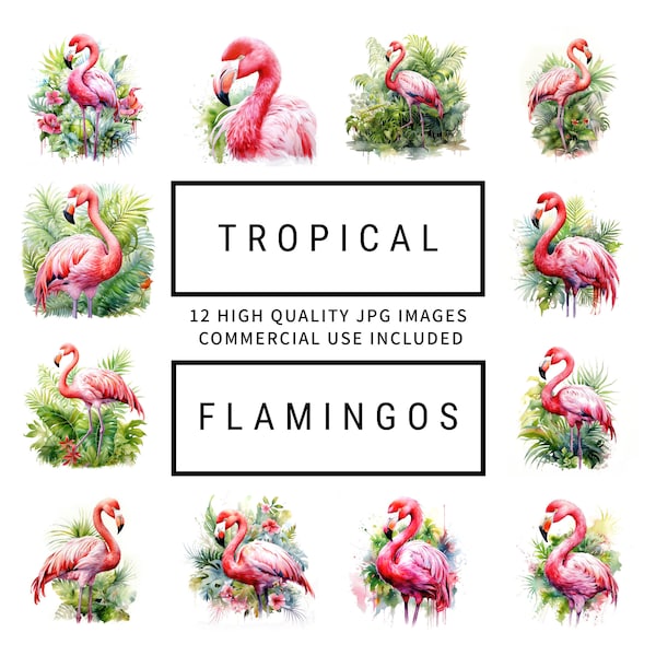 Tropical Flamingo Clipart - 12 High Quality JPGs, Digital Planner, Junk Journal, Memory Book, Scrapbook, Commercial Use, Digital Download