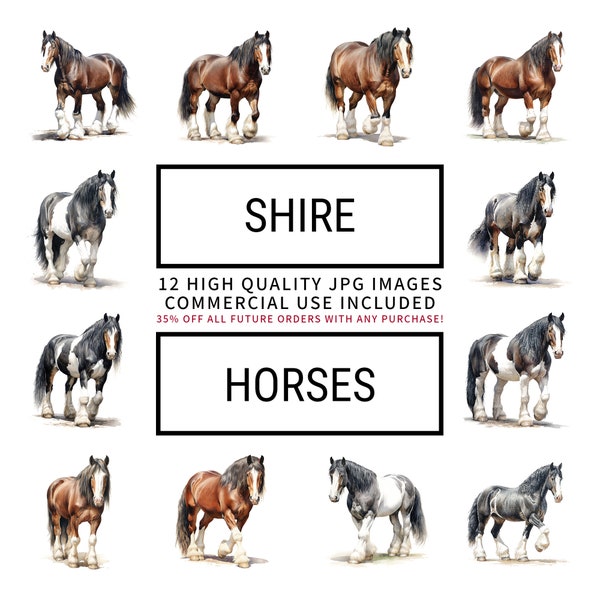 Shire Horse Clipart - 12 High Quality JPGs, Craft, Cards, Junk Journals, Scrapbooks, Digital Planners, Commercial Use, Digital Download