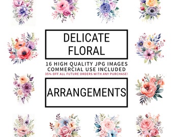 Delicate Floral Arrangements Clipart - 16 High Quality JPGs, Digital Planners, Junk Journals, Memory Books, Scrapbooks, Digital Download