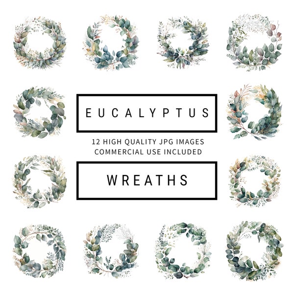 Eucalyptus Wreath Clipart - 12 High Quality JPGs - Digital Planner, Junk Journals, Watercolor, Wall Art, Commercial Use - Digital Download