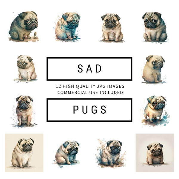 Sad Pug Clipart - 12 High Quality JPGs - Digital Planner, Junk Journaling, Watercolor Art, Wall Art, Commercial Use - Digital Download