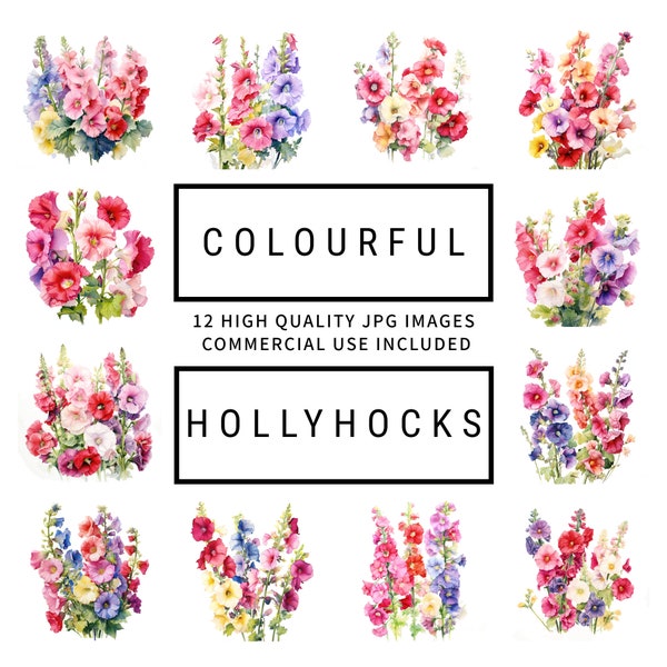 Colourful Hollyhock Clipart - 12 High Quality JPGs, Digital Planners, Memory Books, Journals, Scrapbooks, Commercial Use, Digital Download