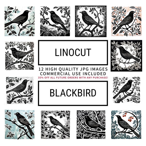 Linocut Blackbirds Clipart - 12 High Quality JPGs, Digital Planner, Junk Journaling, Wall Art, Memory Book, Commercial Use, Digital Download