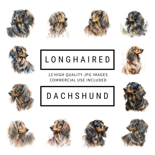 Longhaired Dachshund Clipart - 12 High Quality JPGs, Digital Planners, Junk Journal, Scrapbooking, Gifts, Apparel, Instant Digital Download