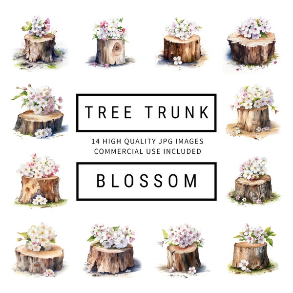 Tree Trunk Blossom Clipart - 14 High Quality JPGs - Digital Planner, Junk Journals, Wall Art, Apparel, Commercial Use - Digital Download