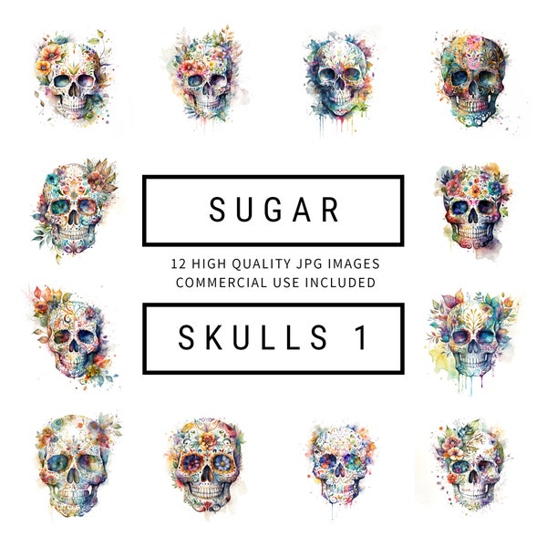 Sugar Skulls Clipart Set 1 - 12 High Quality JPGs - Digital Planners, Junk Journals, Invitations, Apparel, Commercial Use, Digital Download
