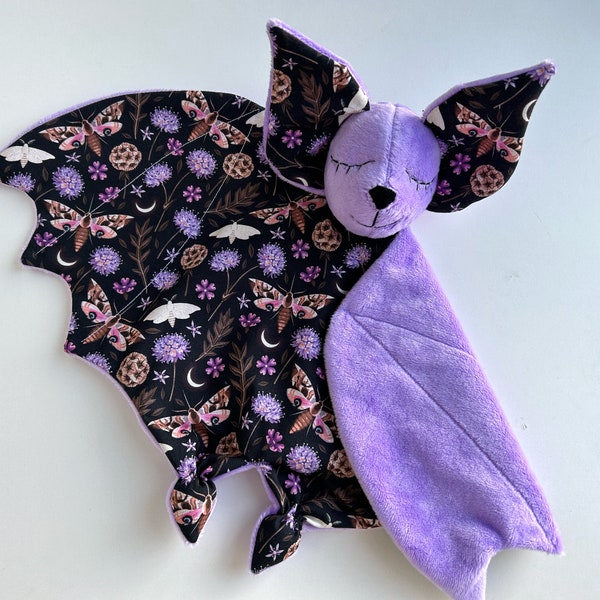 Purple bat lovey blanket, baby bat plush, night hawk moth, girl baby shower gift