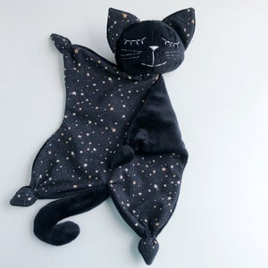 Black cat lovey, baby lovey blanket, witch baby shower gift, Halloween baby gift, stuff cat plush, cat snuggle