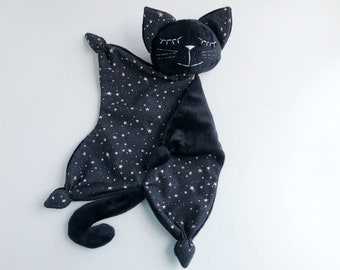 Black cat lovey, baby lovey blanket, witch baby shower gift, Halloween baby gift, stuff cat plush, cat snuggle