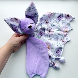 Purple Bat lovey blanket for baby girl, flower baby lovey, bat plush for baby girl, baby shower gift