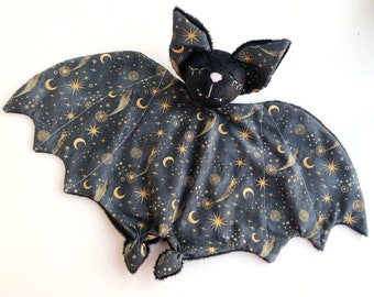 Baby lovey blanket, bat plush, baby bat gift, stars and moon nursery, snuggle cuddle lovey, gothic baby shower, bat pregnancy announcement