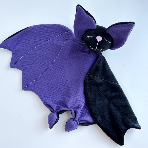 Muslin animal lovey for baby, organic cotton bat lovey, purple bat plush, gender neutral baby shower gift, muslin security blanket