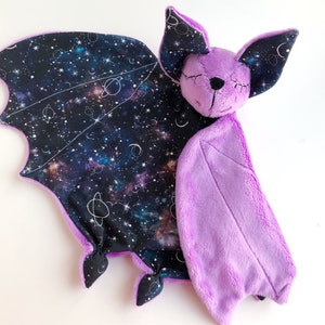 Purple bat lovey, galaxy bat plush, stuff baby bat toy, bat nursery decor, pregnancy announcement, baby lovey blanket, animal lovey