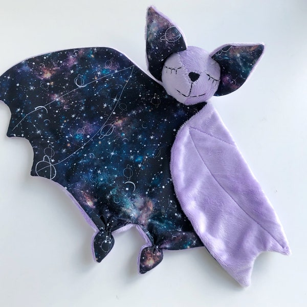 Purple bat plush, galaxy bat lovey, baby lovey blanket, new baby bat gift, Halloween nursery, Halloween baby shower gift, 1st Halloween
