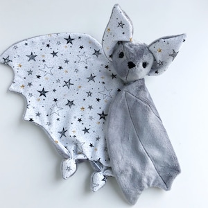 Gray bat plush, bat lovey, baby lovey blanket, new baby bat gift, Halloween nursery, gothic baby shower, baby bat sleeping toy