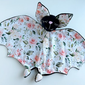 Personolized flower bat plush lovey for bat nursery and gothic baby shower gift