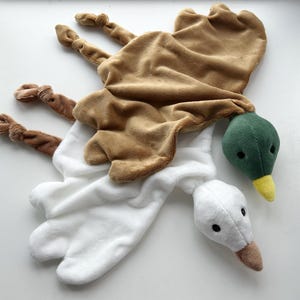 Handmade goose lovey, plush mallard duck lovey, plush white cuddle goose for baby, baby hunter gift, duck hunter baby shower gift