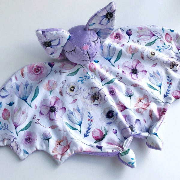 Purple Bat lovey blanket for baby girl, flower snuggle cuddle bat plush, baby lovey, baby bat, Halloween baby shower gift, security blanket