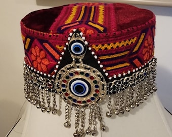 Embroidered Women's Cap with Headpiece Jewelry, Evil Eye Stone