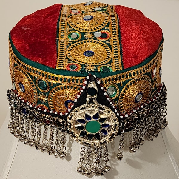 Afghan Traditional golden thread Embroided cap with headpiece Jewelry for women. Size 21 & 22 inches round. Free shipping all U.S.