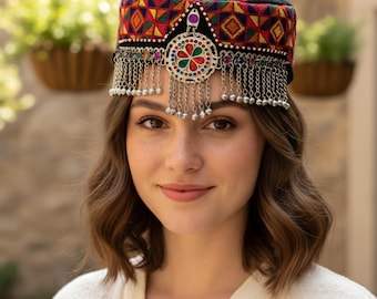 Embroidered Afghan Cap with Headpiece Jewelry (22 inch)