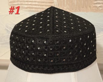Embroidered Silk Cap for Men Women – Black Sequined Round Kufi (22.5 inches)
