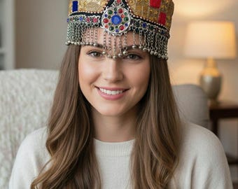 Embroidered Afghan Cap with Headpiece Jewelry