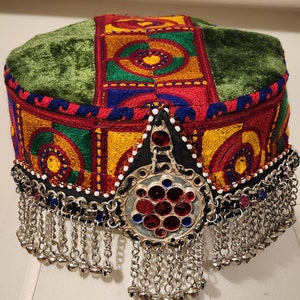Traditional Embroided cap with Afghan jhoomer headpiece Jewelry for women. Size 21 & 22 inches round. Free shipping all U.S