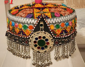 Embroidered Afghan Cap with Jhoomer Jewelry, Traditional Headpiece (21 & 22 inch)