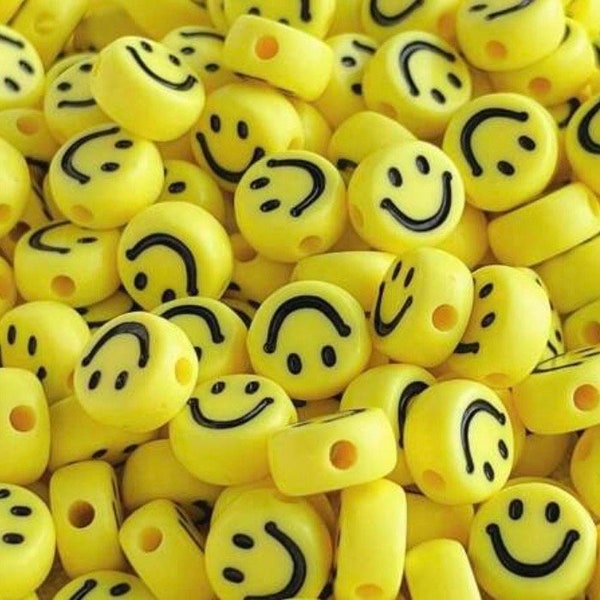 Horizontal Hole Yellow Smile Face Beads 7mm flat Acrylic Jewelry Making Supplies