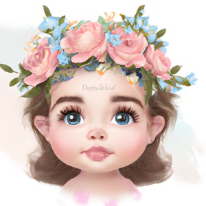 Wall Art: Cute Baby Girl with Flower Crown Instant Digital Download Art, PNG File, Commercial Use and POD allowed