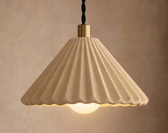 Small Picco | Ceramic Pendant Ceiling Light | Handmade Minimalist Pleated Hanging Fixture in Natural Dune
