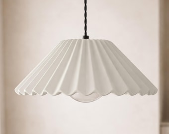 Large Picco | Ceramic Pendant Ceiling Light | Handmade Minimalist Pleated Hanging Fixture in Bone White