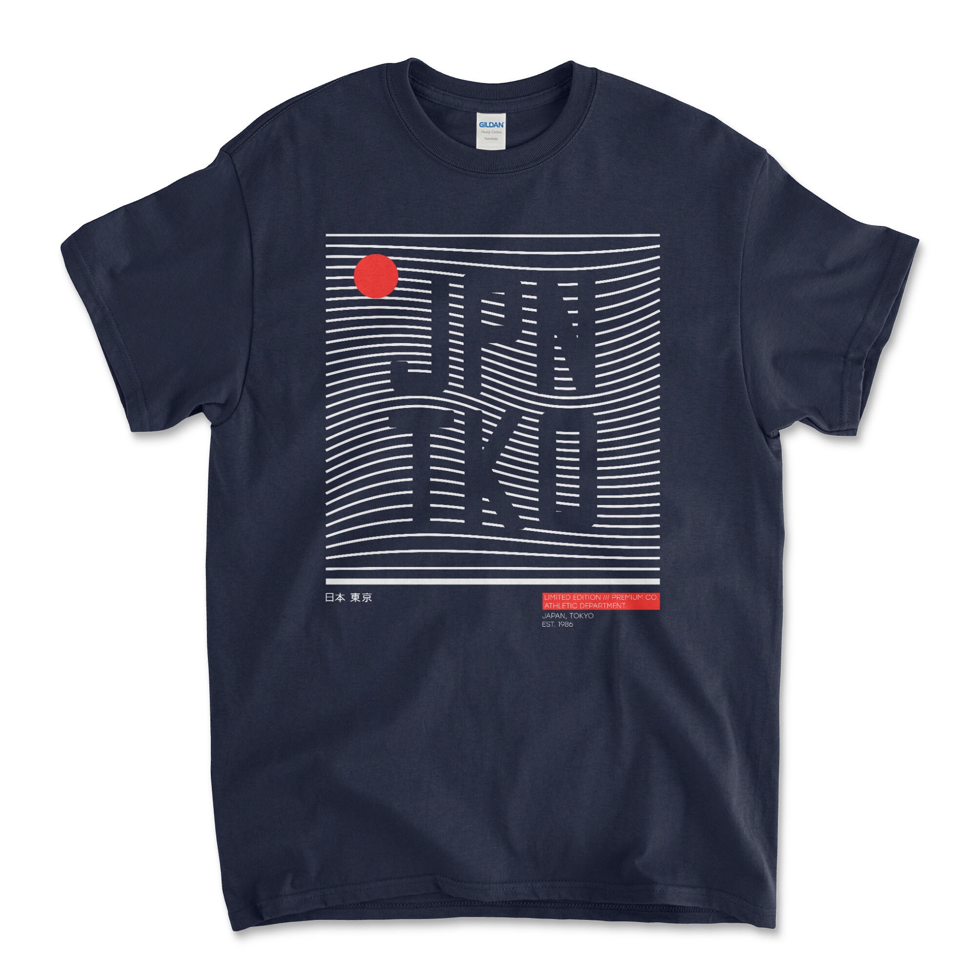 DTF Png Printed Shirt With Tokyo Words White Wavy Red Sun