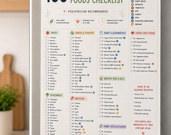 May include: A refrigerator magnet with a checklist titled "100 Baby's First Foods." The list is divided into fruits, vegetables, grains, proteins, dairy, healthy fats, and herbs. It also includes a section on major food allergens and signs of allergic reactions.