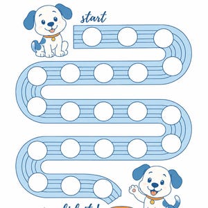May include: A potty chart featuring the text MY POTTY CHART and you did it! with two cartoon puppies, orange paw prints, and a winding blue path containing twenty-one white circles for tracking progress, plus an orange bowl with a white star.