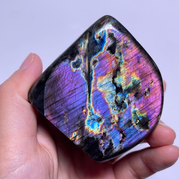 218g High Quality Flash Labradorite Freeform, Super Flashy Polished Pink Purple Labradorite Crystal.