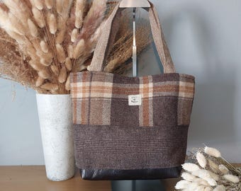 Handgemaakte leren tas van tweed, Scottish Borders, draagtas van gerecyclede stof