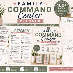 Może przedstawiać: Zestaw planerów Family Command Center zawierający ponad 100 stron do organizacji domu. Zawiera wydrukowane arkusze do planowania posiłków, listy zakupów, harmonogramy tygodniowe, listy kontrolne sprzątania i budżet, w kolorach szałwiowej zieleni i różu.