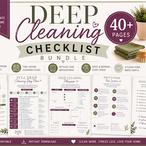 Op de afbeelding: Een checklistbundel voor een grondige schoonmaak met meer dan 40 printbare pagina's. Het ontwerp bevat tekstkoppen, checklists per kamer, schoonmaakplannen en gedetailleerde taakoverzichten in een kleurenschema van wit, donkerpaars en saliegroen.