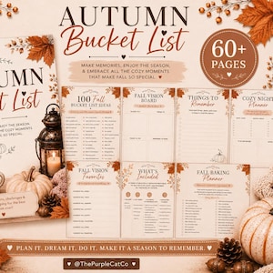 May include: An Autumn Bucket List planner set with 60+ pages featuring fall-themed graphics, including maple leaves, pumpkins, and lanterns. The pages contain text such as Autumn Bucket List, Fall Vision Board, Things to Remember, and Fall Baking Planner.